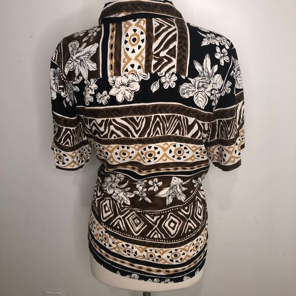 VINTAGE | 1990s Neutral Tropical Tribal Abstract Print Camp Hawaiian Shirt - Picture 2 of 8